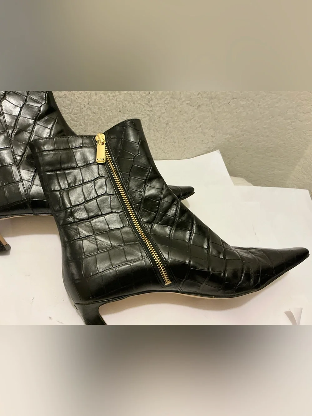 MICHAEL Michael Kors Black Croc-Embossed Pointed Ankle Booties with Gold Zip